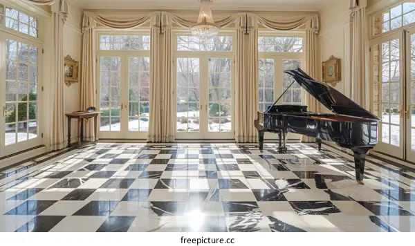 Black and white checkerboard marble floor in a grand room with piano