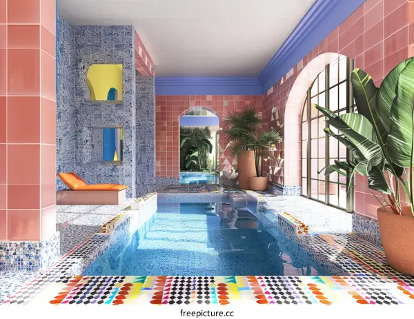 Colorful Indoor Swimming Pool with Mosaic Tiles and Plants