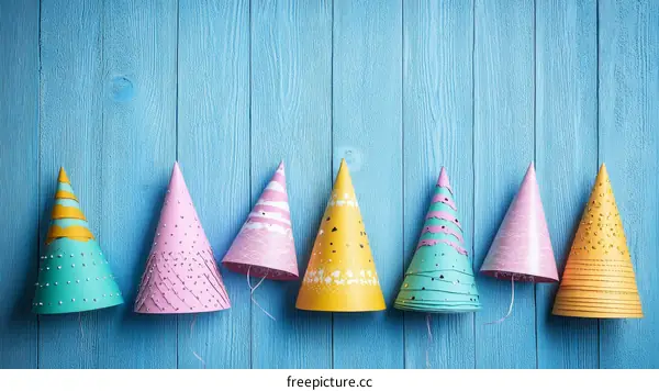 Colorful Party Hats on Light Blue Wooden Background