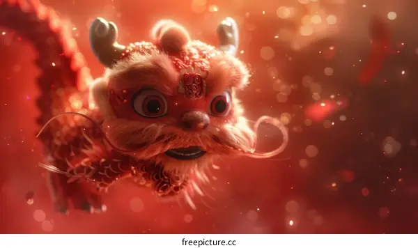 A red and gold dragon is flying through the air against a red background with red and gold sparkles.