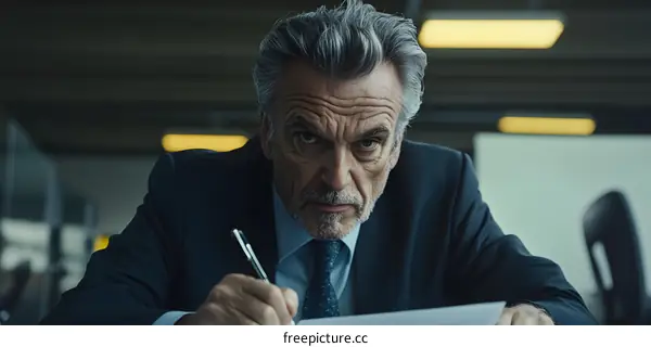 Serious Businessman Signing Documents in Office