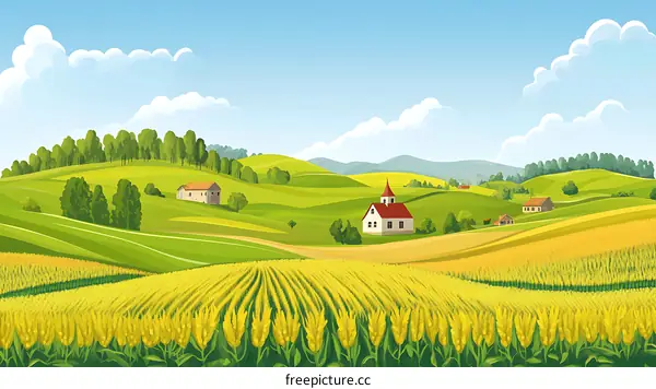 Summer Landscape with Green Hills and Golden Wheat Field