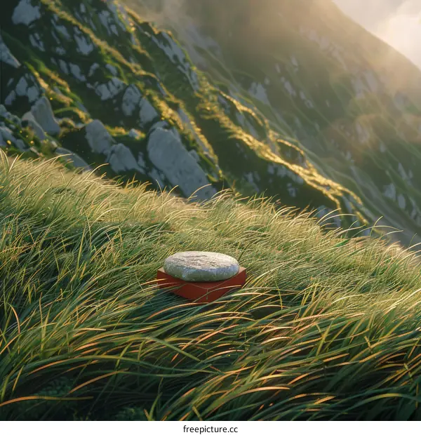 The setting sun casts long shadows over a grassy hill