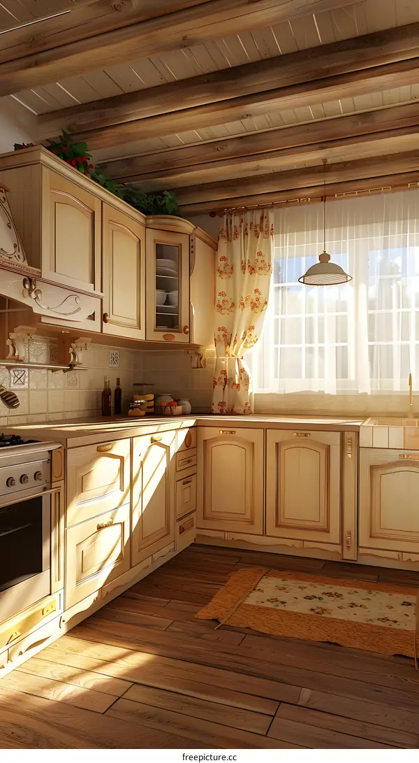 Rustic Kitchen Interior Design With Wooden Beams