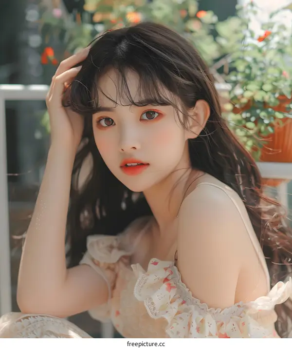 Beautiful Asian Woman with Long Hair in a Floral Dress