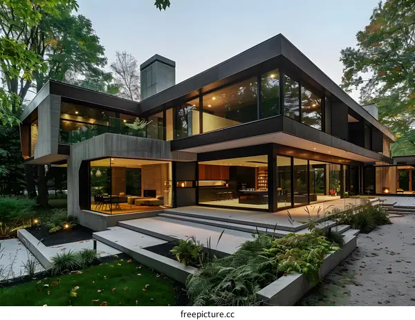 Modern Concrete House With Large Windows and Patio