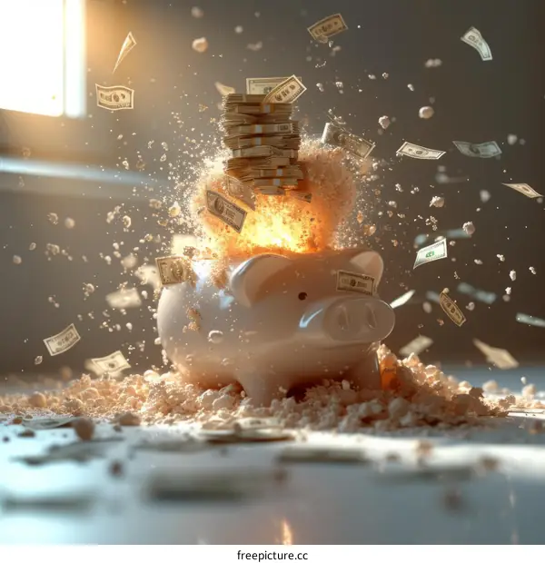 Piggy bank with money explosion