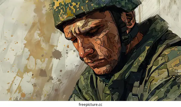 A soldier wearing a helmet with a camouflage pattern is looking down with a sad expression on his face.