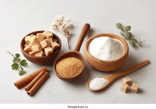 Different Types of Sugar and Cinnamon on a Marble Surface