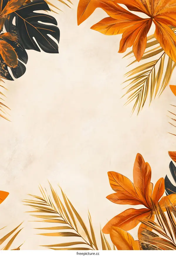 Orange and Black Tropical Leaves on Beige Background
