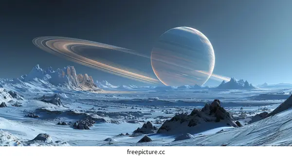 Snowy Alien Planet Landscape with Large Moon and Mountain Ranges