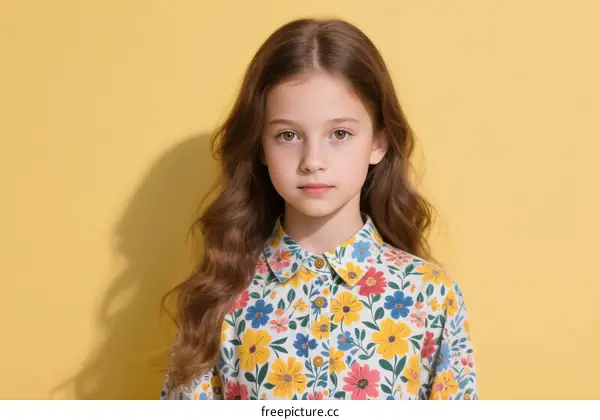 Young Girl with Long Curly Hair Wearing Floral Shirt Against Yellow Background