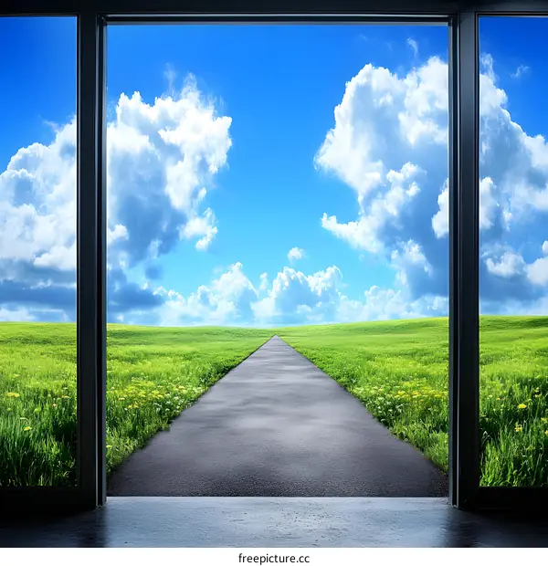 Open Door to Green Field and Sky