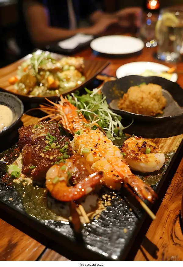 Close Up Of Grilled Seafood On A Black Plate