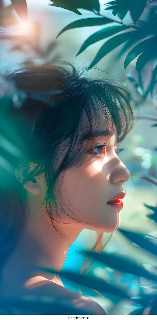 Woman Looking Through Green Leaves