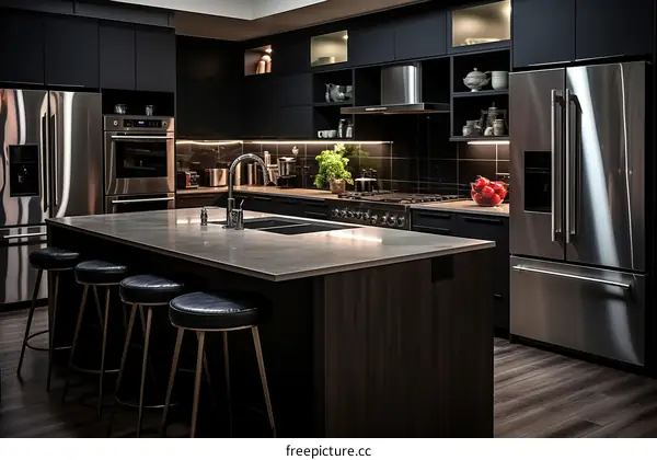 Stylish Black Kitchen Island With Stainless Steel Appliances