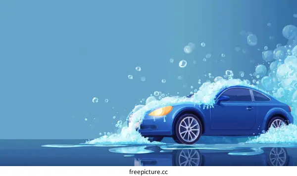 Blue Car Washing Illustration with Foam and Bubbles