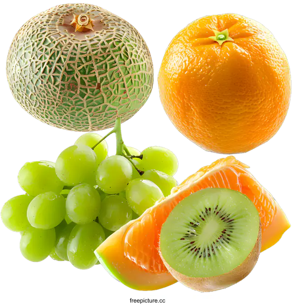 [Transparent Background PNG]Fresh Green Grapes, Cantaloupe, Orange and Kiwi Fruit
