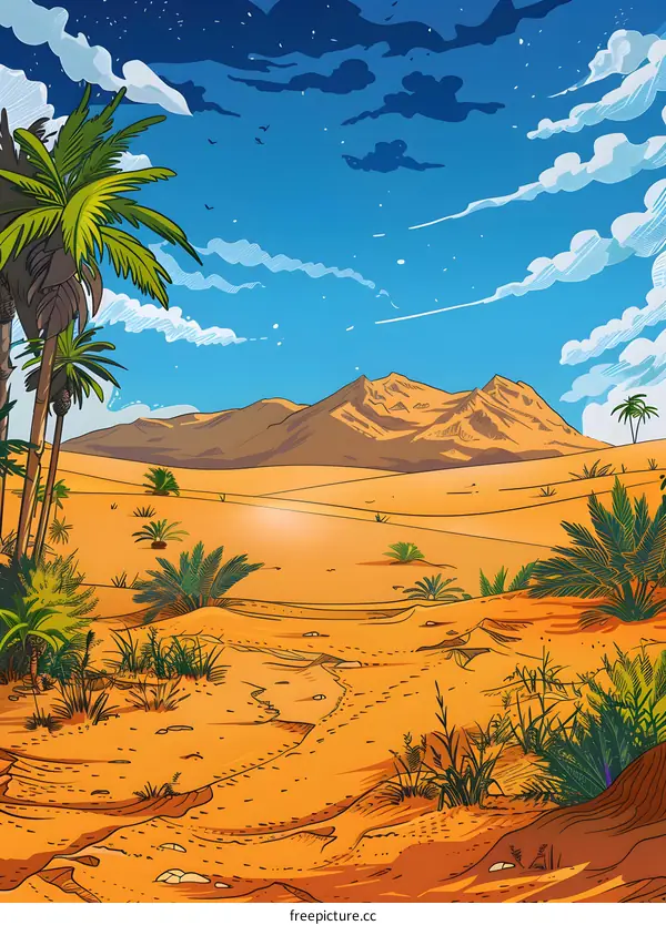 Desert Landscape with Palm Trees and Mountains