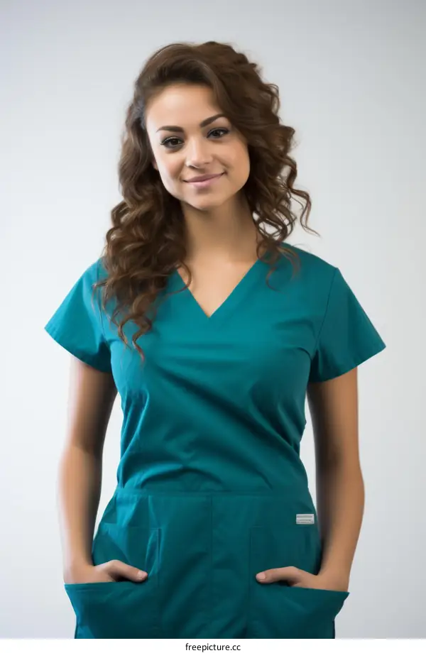 Portrait of a smiling young female doctor in green scrubs