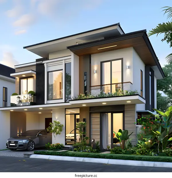Modern Two Storey House Design With Balcony And Garden