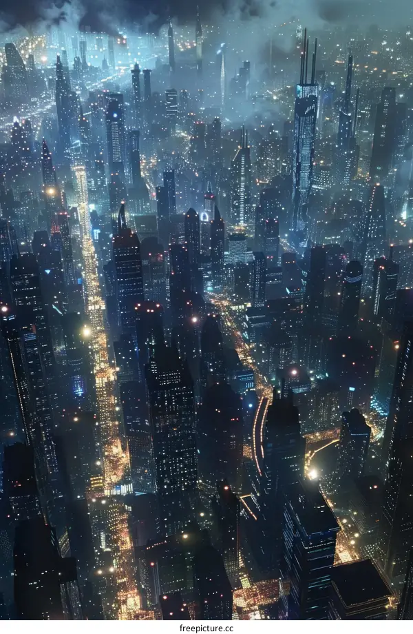 Futuristic City With Skyscrapers and Traffic at Night