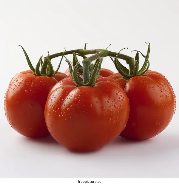 A close-up image of a cluster of ripe tomatoes on a white background