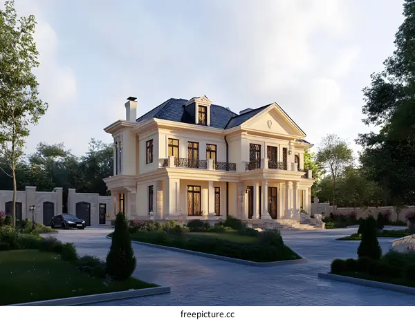 Luxury Mansion with Columns and Stone Facade