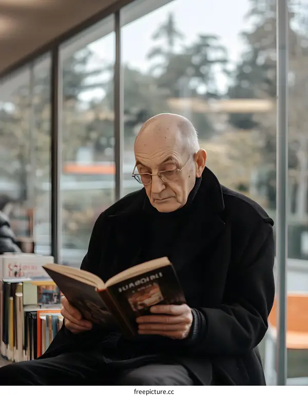 Senior Man Reading a Book in a Library