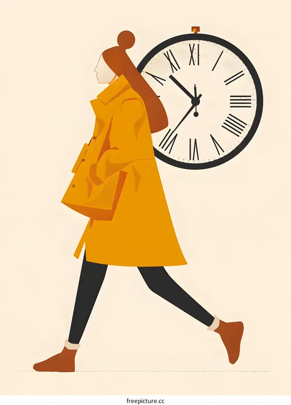 Woman Walking Away from Clock Illustration