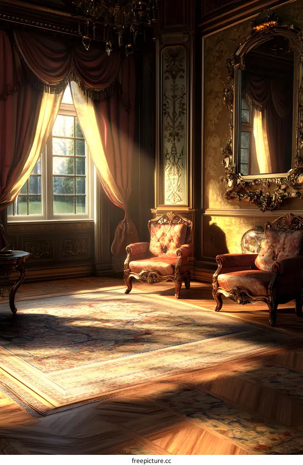 Golden Interior Design with Sunbeams and Ornate Furniture