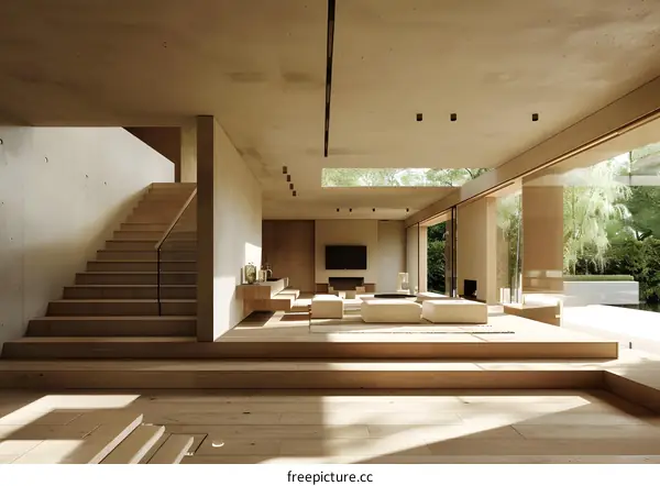 Modern Minimalist Home Interior Design with Wooden Stairs and Large Windows