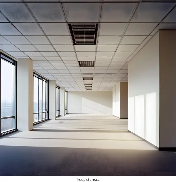 Empty Office Space With Large Windows And White Walls