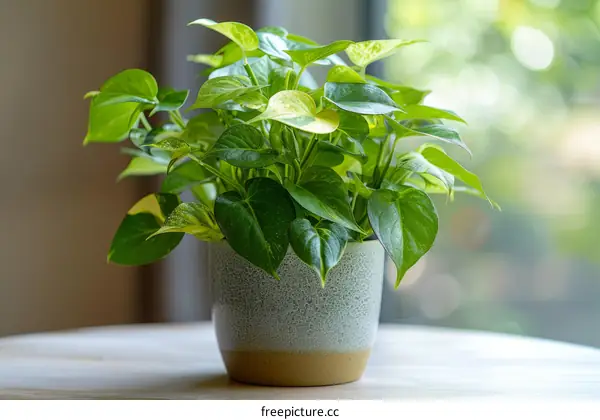 A Potted Pothos Plant on a Wooden Table