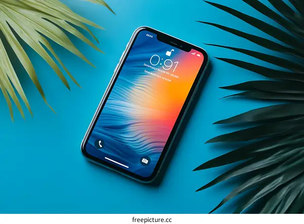 Blue Background With Smartphone And Green Palm Leaves