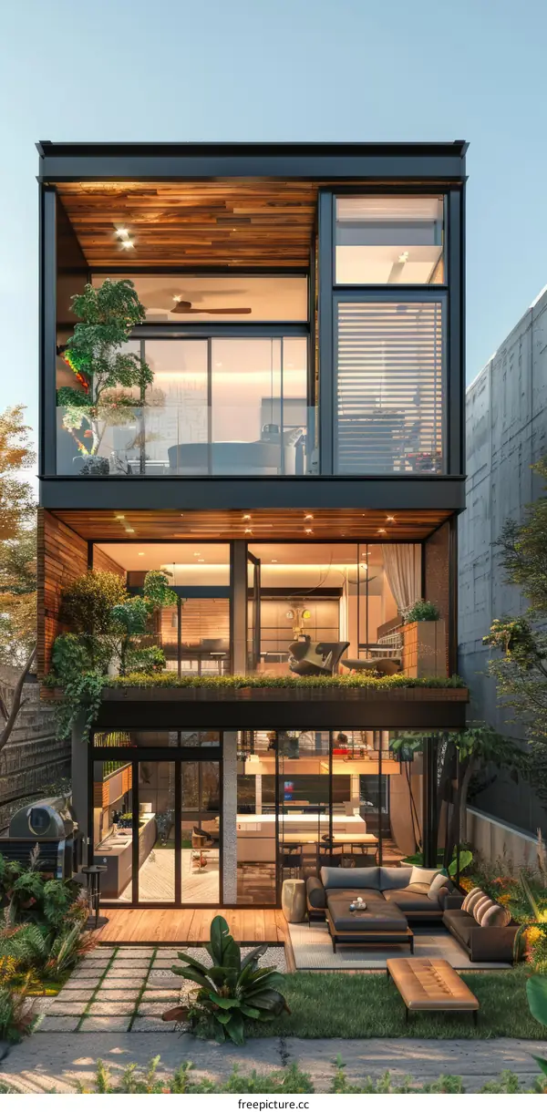 Modern two-story house with large glass windows and a terrace with a garden