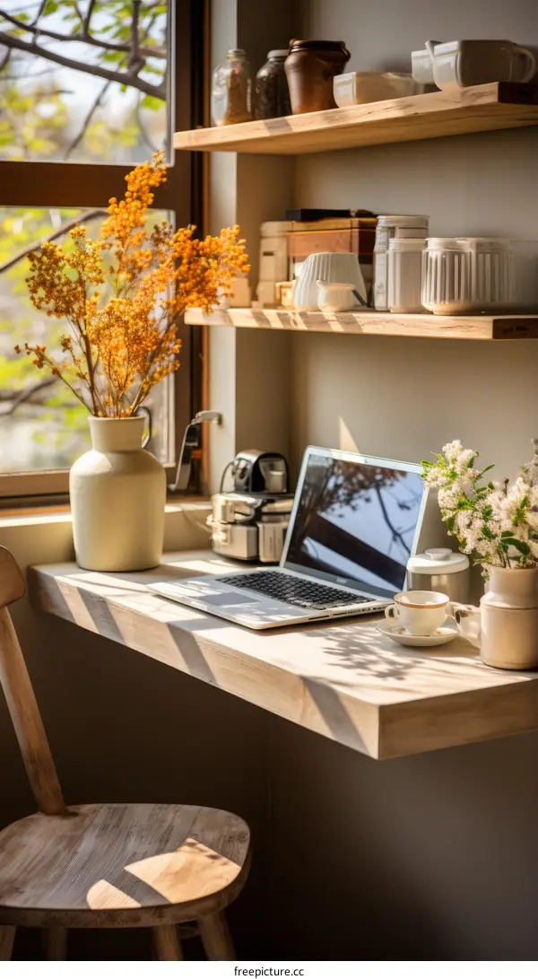 A cozy workspace with a laptop, flowers, and a coffee cup