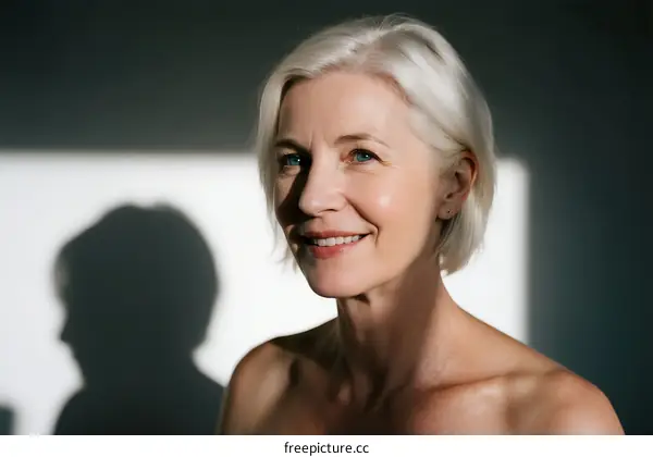 Portrait of a mature woman with short white hair smiling