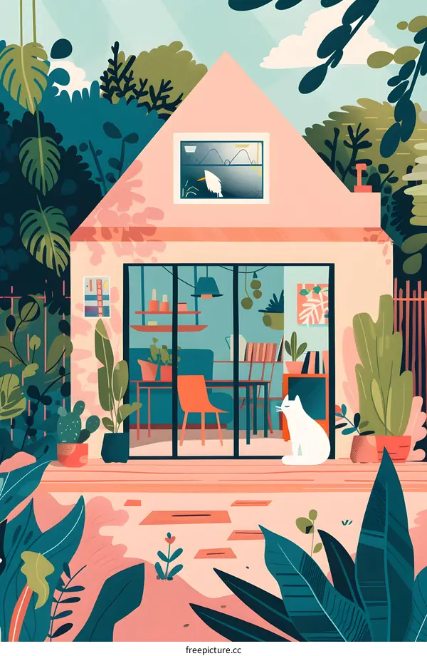 Illustration of a Pink House with a Cat and Plants