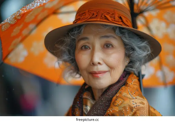 portrait of an old woman wearing a brown hat and an orange scarf