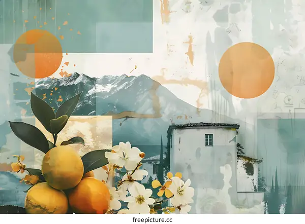 Abstract Collage with Oranges, Flowers and Mountains