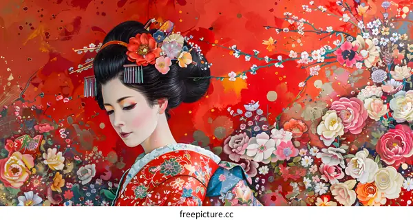 A Japanese woman in a red kimono with flowers in her hair