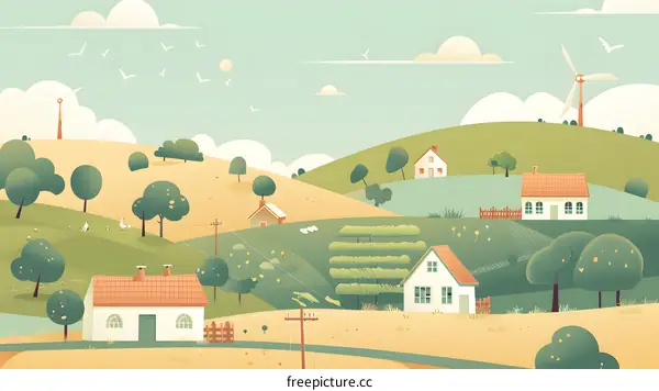 Charming Rural Village Landscape With Windmill