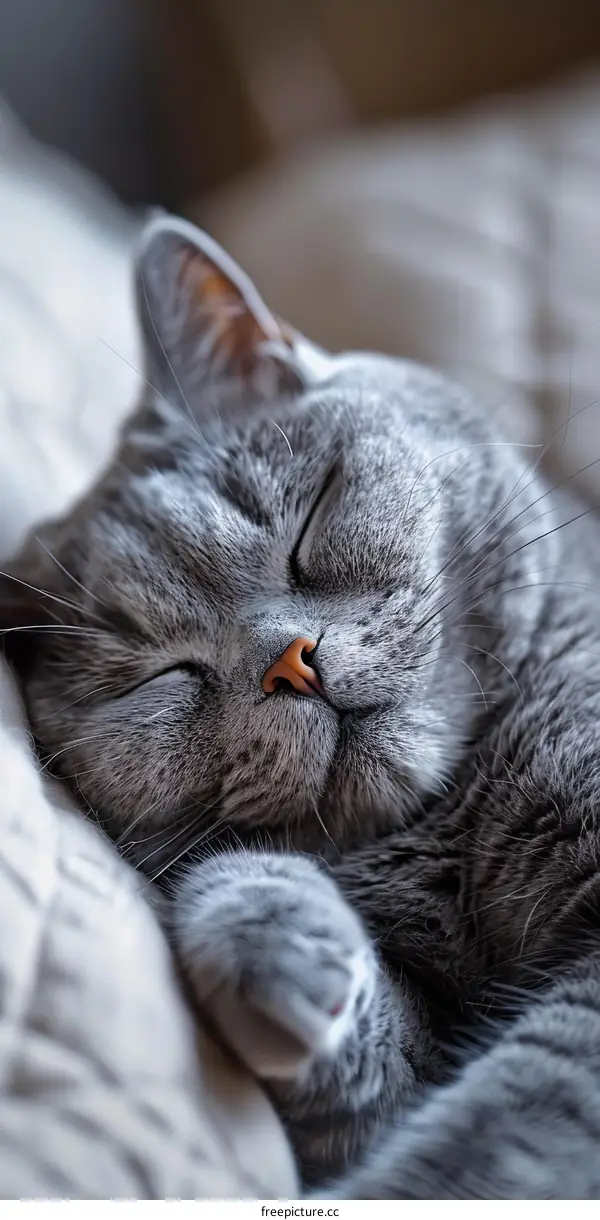 A gray cat is sleeping on a white blanket