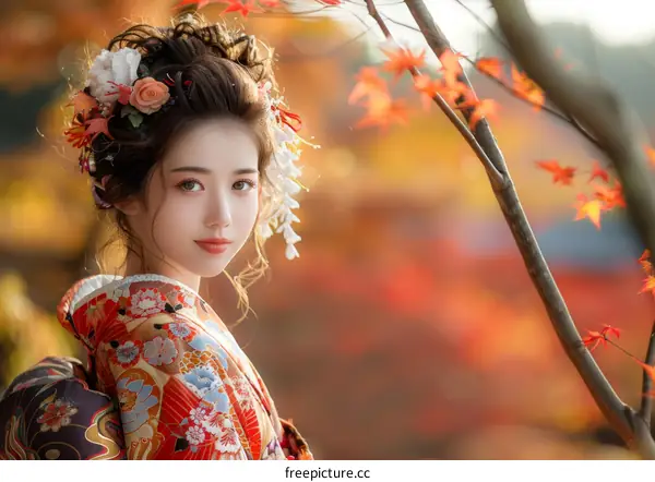 Japanese Woman in Traditional Kimono Wearing Flowers in Her Hair