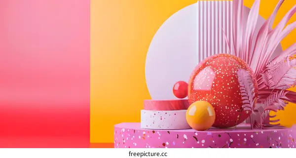 Abstract Geometric Shapes and Pink Palm Leaves on Colorful Background