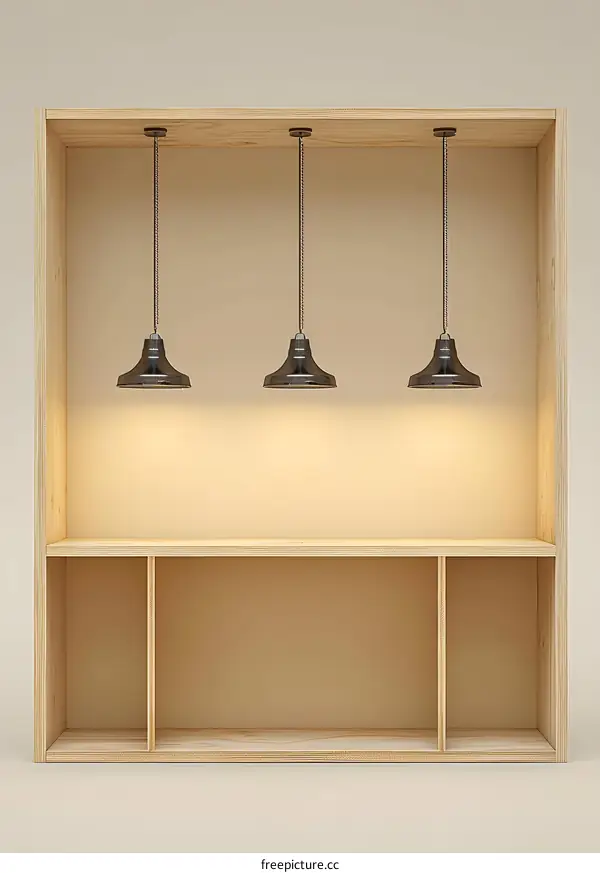 Empty Wooden Shelf with Three Hanging Lights