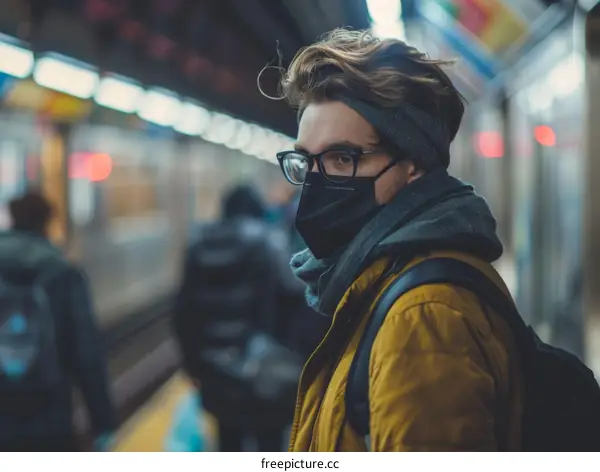 Portrait of a Man Wearing a Face Mask in a Subway Station