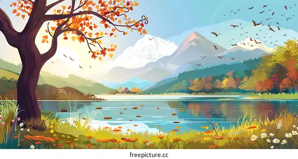 Autumn Mountain Lake With Birds Flying Over