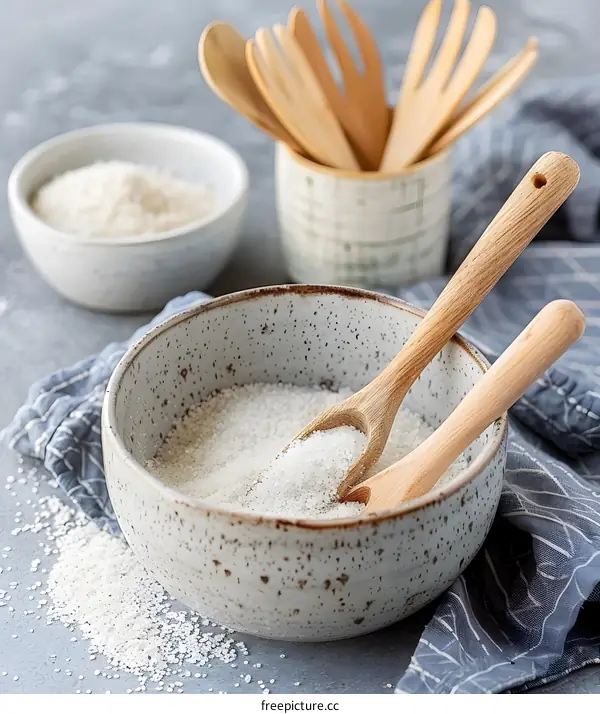 White Sugar In Bowl With Wooden Spoons